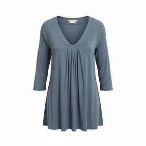 Blue Gray V-Neck Pintuck Pleated 3/4 Sleeve Y2K Top Stretchy Casual Office